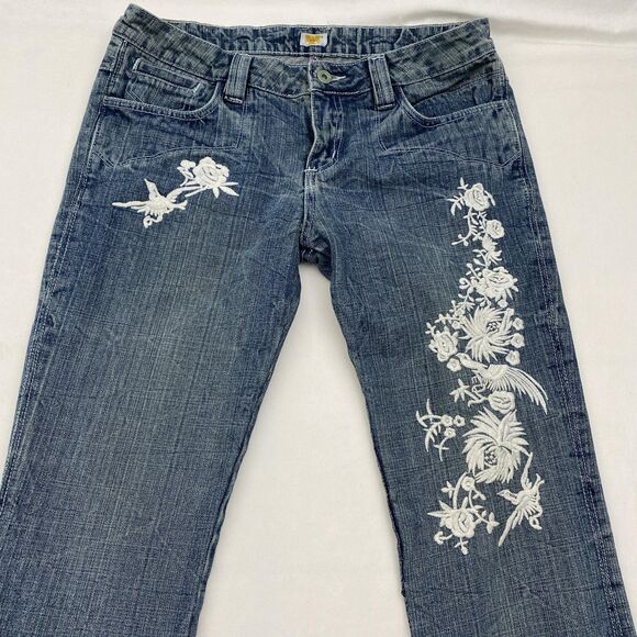 Antik Denim Bootcut Jeans Floral Embroidered Lace Pockets Womens 31 Made USA - Picture 2 of 13